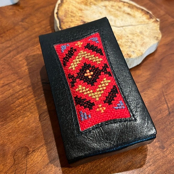 Leather Vintage Cigarette Case Handmade Red Embroidery Design NWOT - Picture 1 of 6